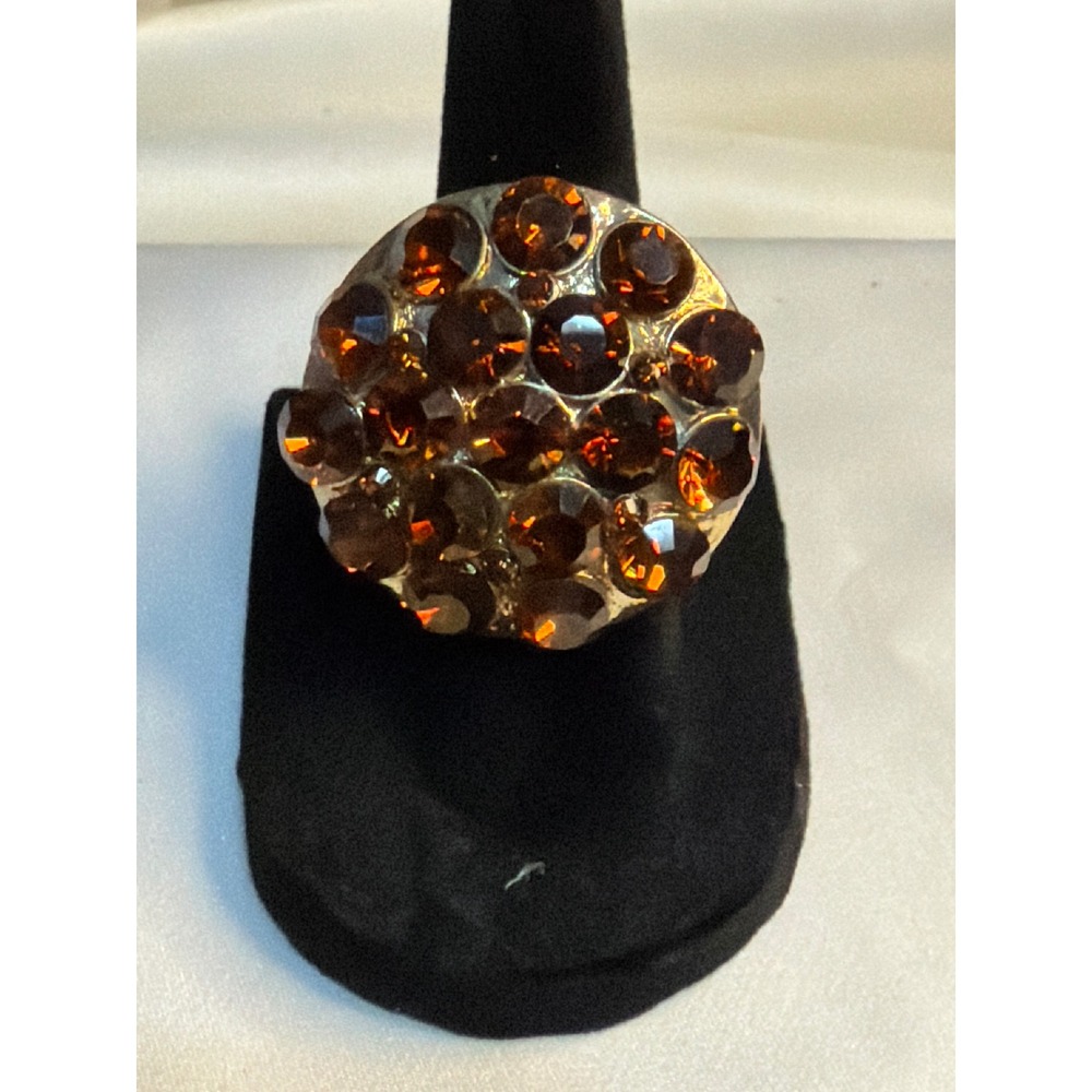 Vintage Amber Rhinestone Cluster Cocktail Ring Gold Tone Stretch Band Statement
